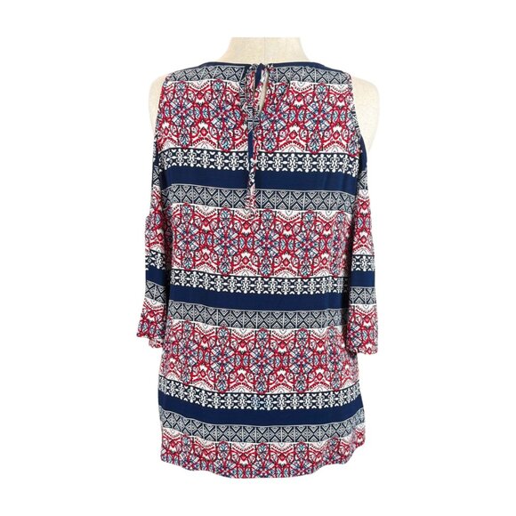 JESSICA SIMPSON COLD SHOULDER NAVY BLUE AND RED MATERNITY TOP, SIZE M - Picture 3 of 4